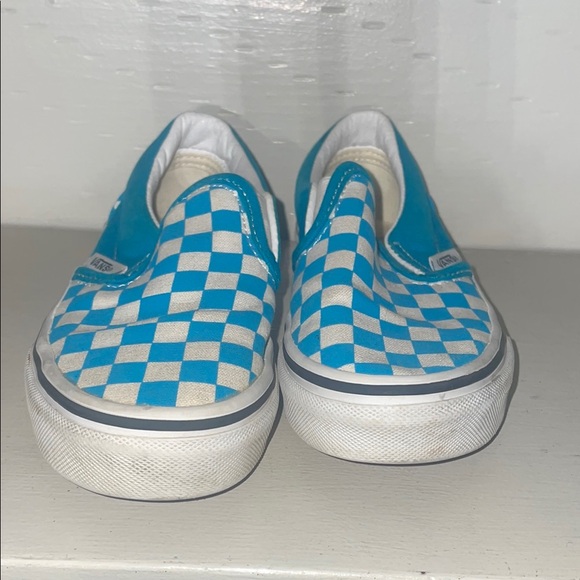 Vans Blue/ teal and White Checkered Slip-On Sneakers, kids size 13 - Picture 2 of 7